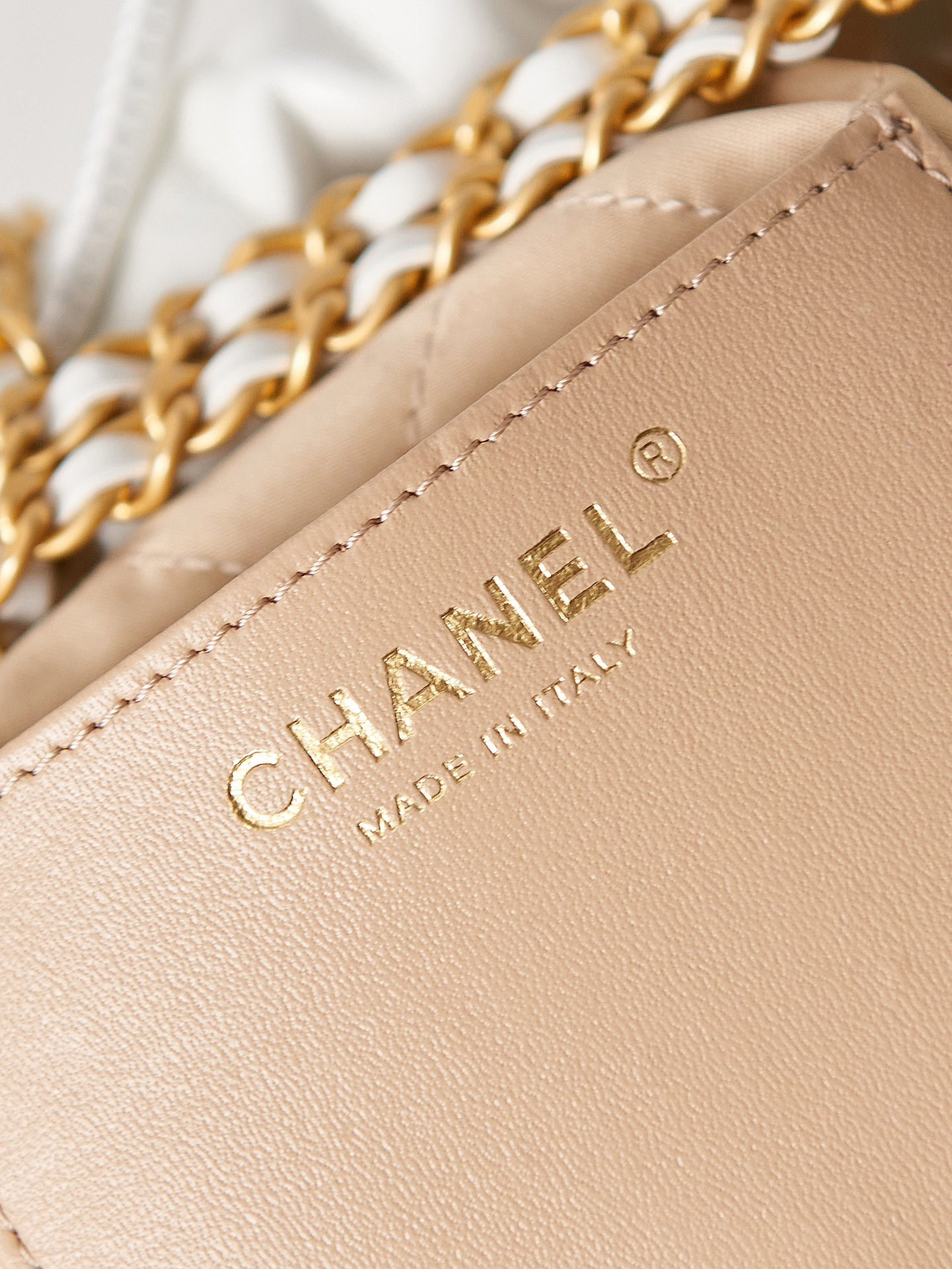 Ch*el 22 mini handbag shiny calfskin & gold-tone metal white 7.8 × 7.4 × 2.3 in