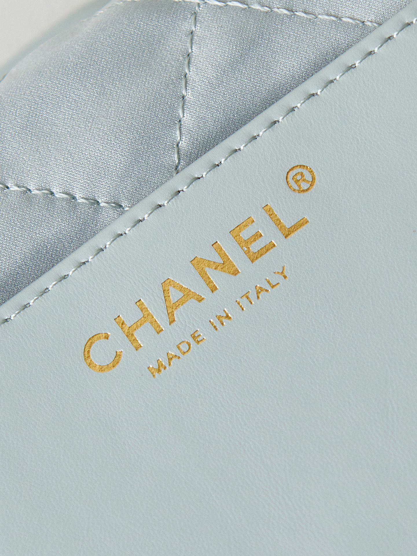 Ch*el 22 mini handbag shiny calfskin light blue 7.8 × 7.4 × 2.3 in