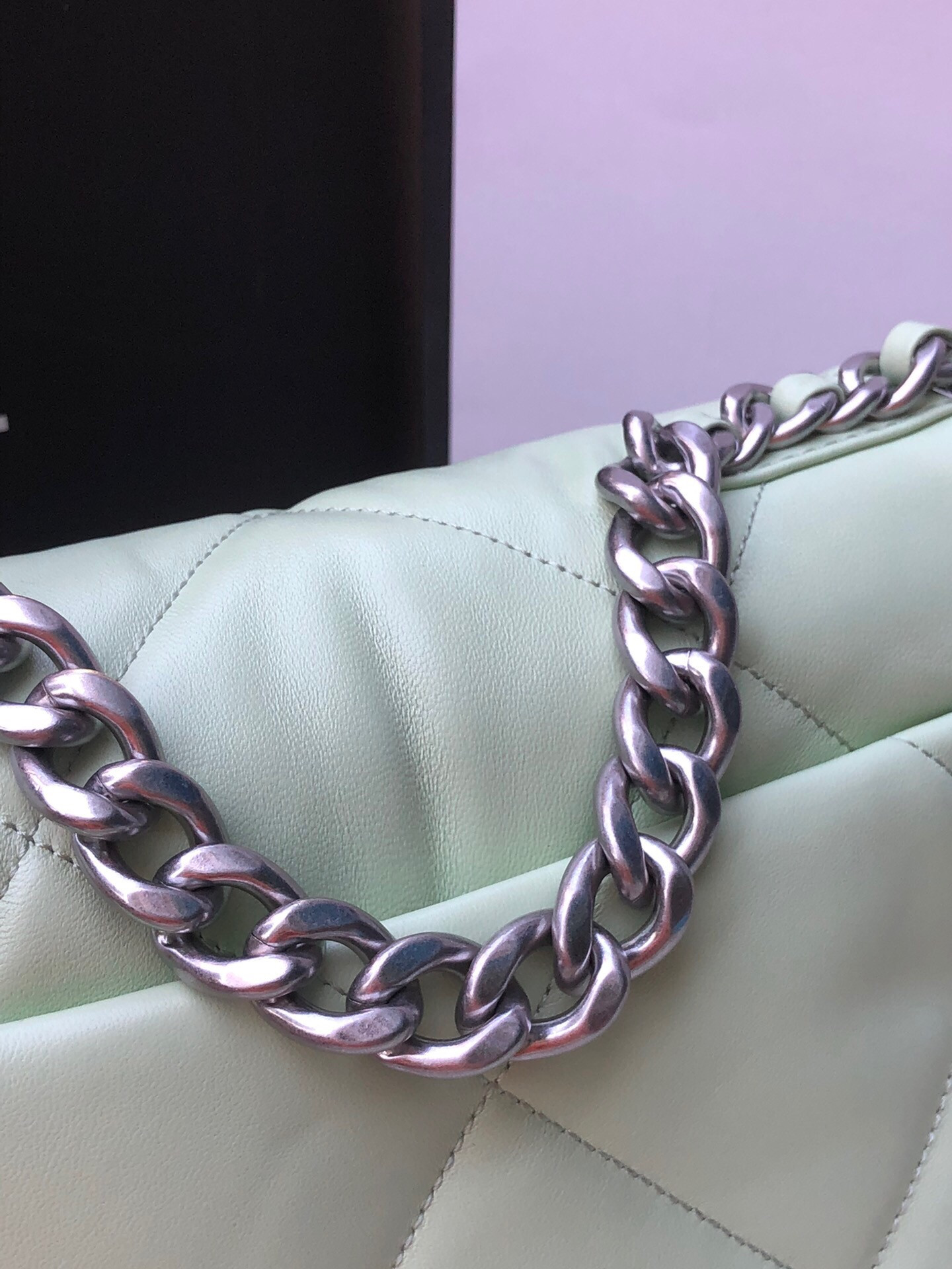 Ch*el 19 handbag shiny leather, gold-tone, silver-tone & ruthenium-finish metal green 6.2 × 10.1 × 3.5 in