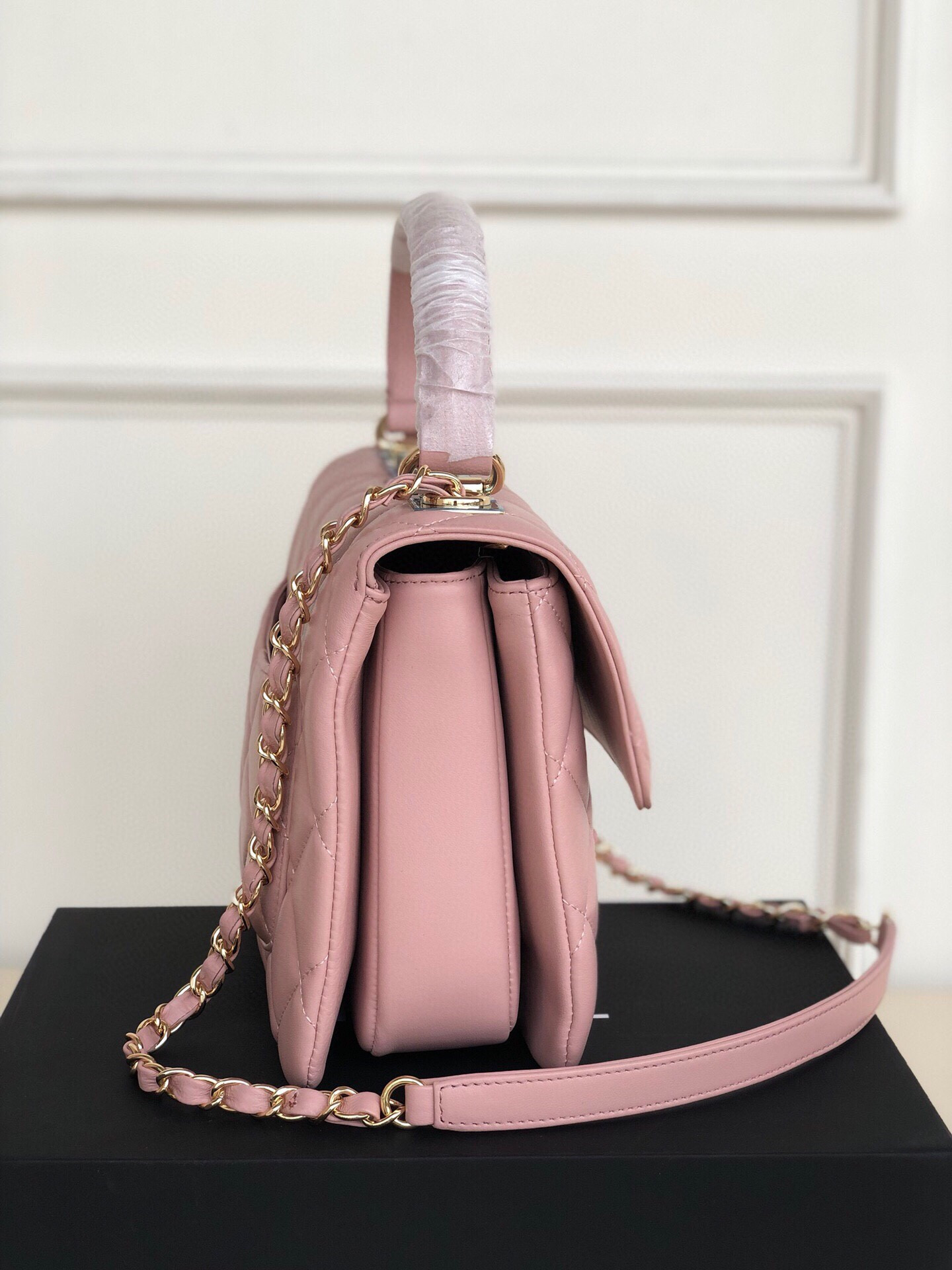 Ch*el flap bag with top handle 6.6 × 9.8 × 4.7 in