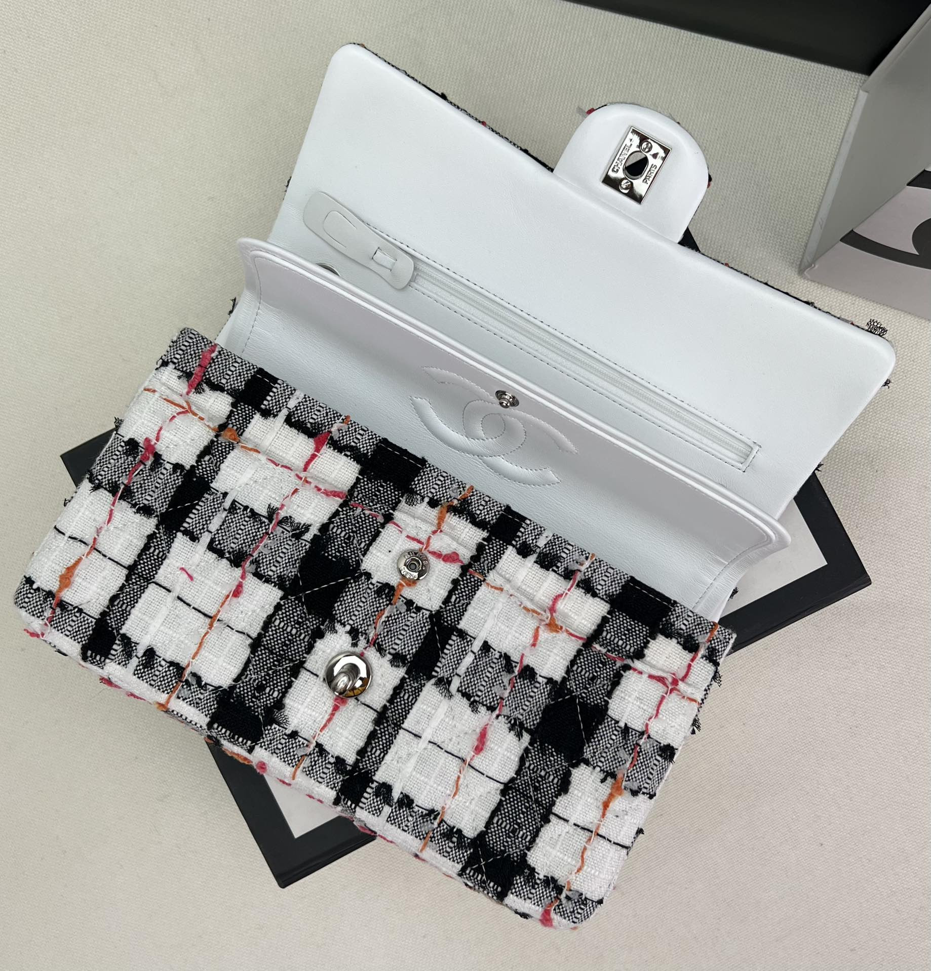 Ch*el classic 11.12 handbag tweed & silver-tone metal 6 × 9.9 × 2.5 in